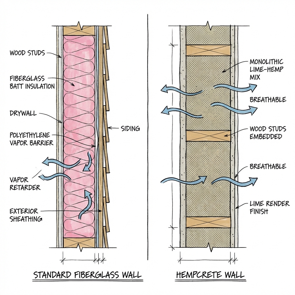 Cross section diagram of Hempcrete wall vs Standard Fiberglass wall