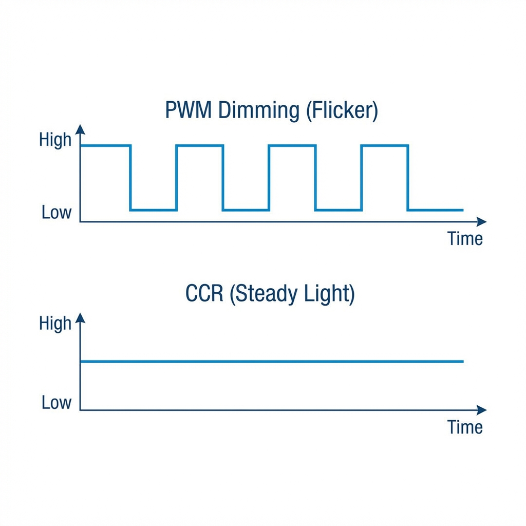 Diagram comparing PWM Dimming (Flicker) vs Constant Current Reduction (Steady Light)