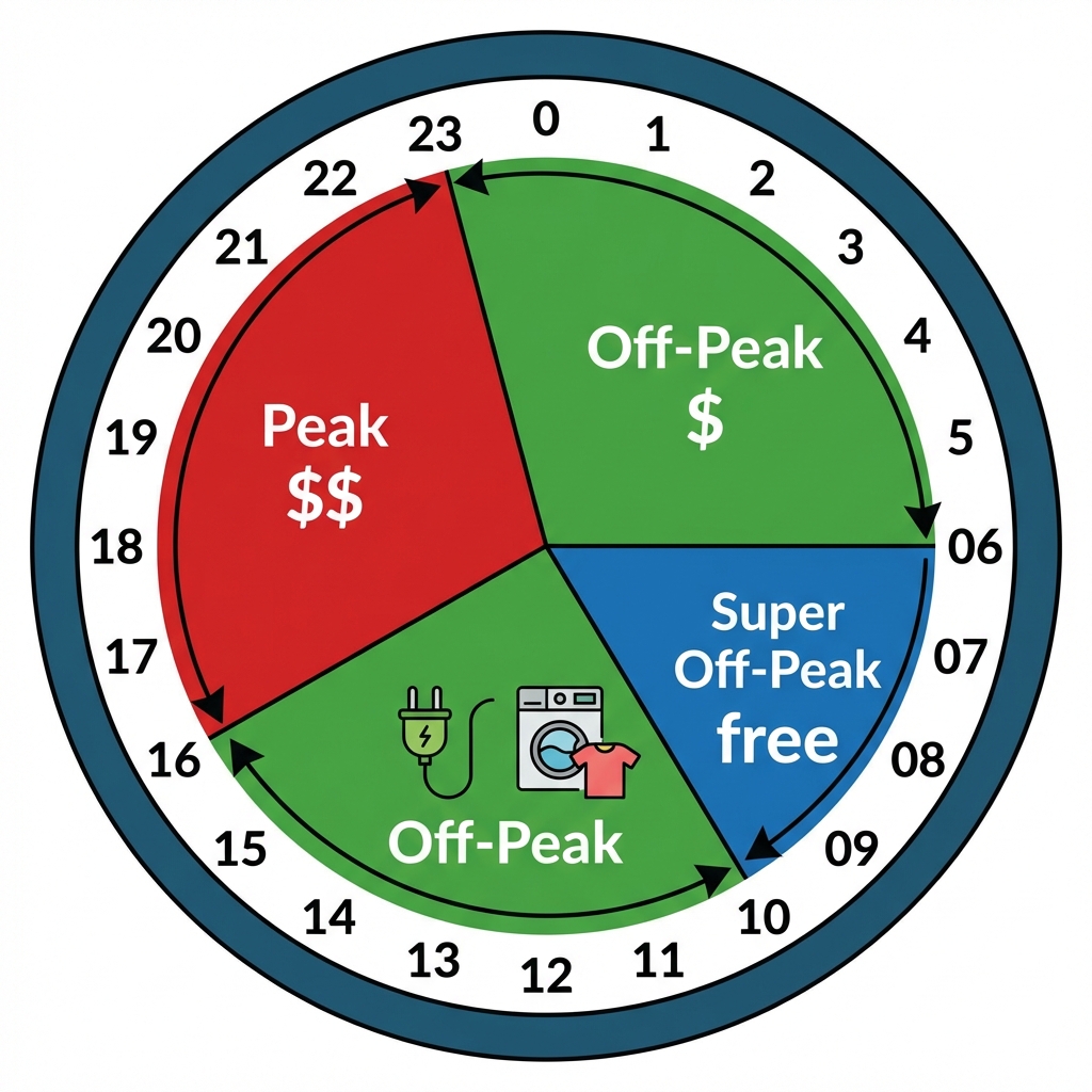 Infographic of a 24-hour Time-of-Use clock showing Peak and Off-Peak zones