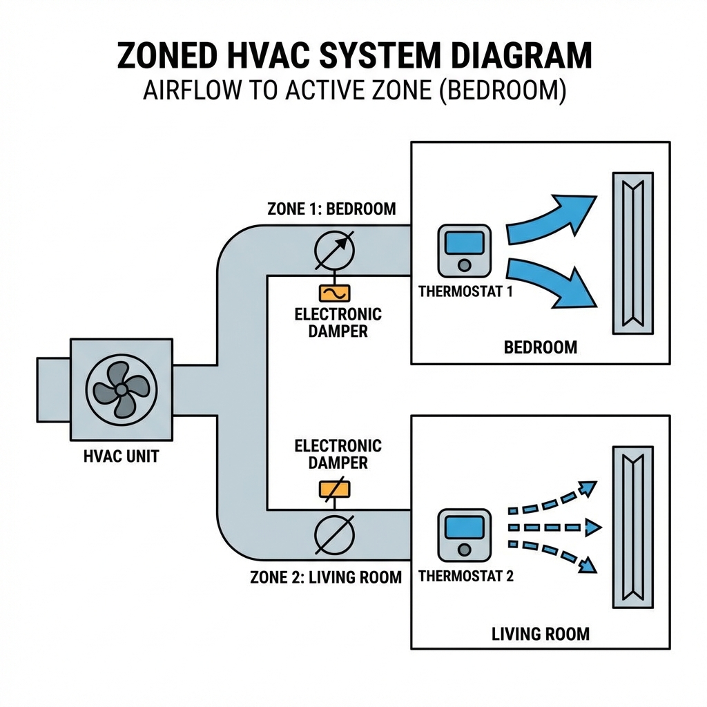 Diagram of a Zoned HVAC system showing dampers directing airflow to specific rooms